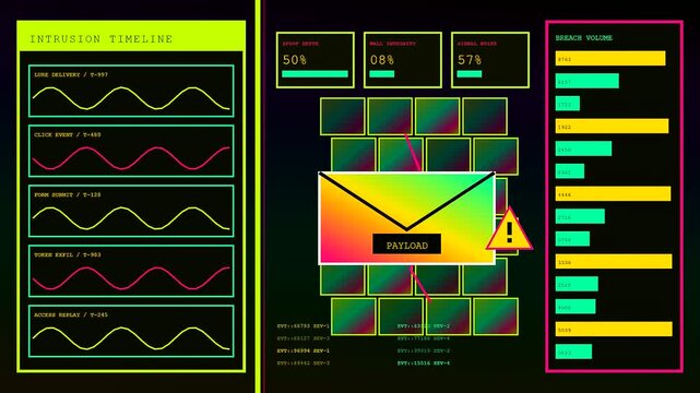 A digital phishing alert display shows malicious payload envelope icons and data flow waveforms flickering across a dark electronic screen representing modern security threat monitoring systems