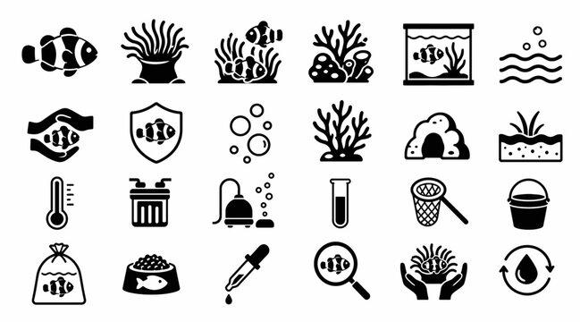 Black and white icons for aquarium and marine care.