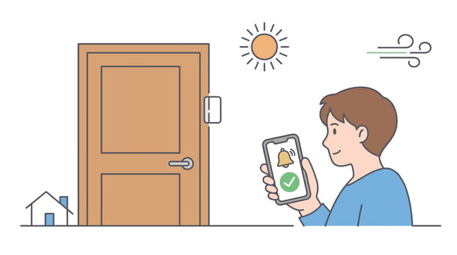 The image depicts a user receiving a notification for a door alert through their smartphone, elements of smart home technology, security, and convenience are emphasized.