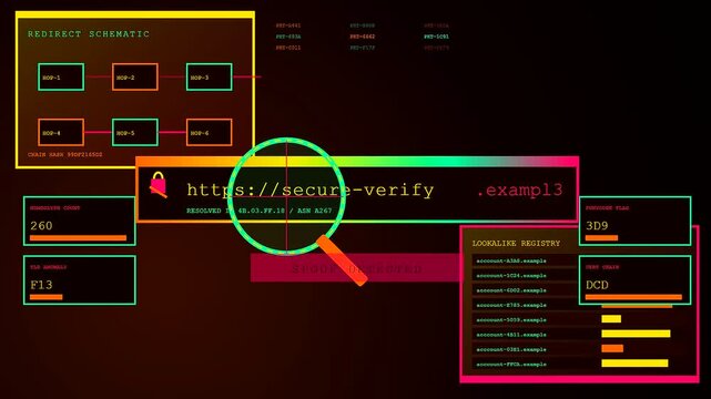 A digital phishing alert displayed on a glowing dashboard showing security software monitoring suspicious web connections and identifying malicious network traffic within a dark computing interface