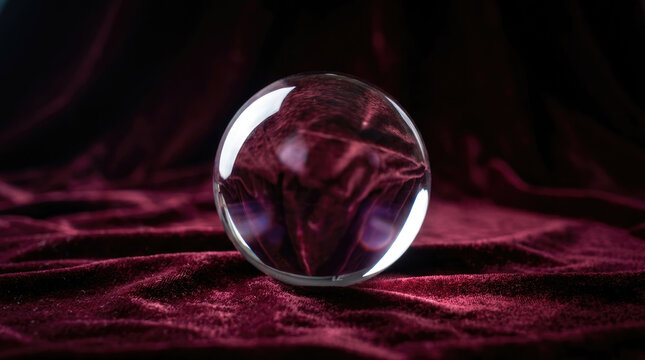 Clear crystal ball sphere resting on dark red velvet fabric, mysterious fortune telling concept