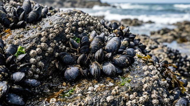 Cluster of wild black mussels and barnacles clinging to wet coastal rocks, marine biology concept