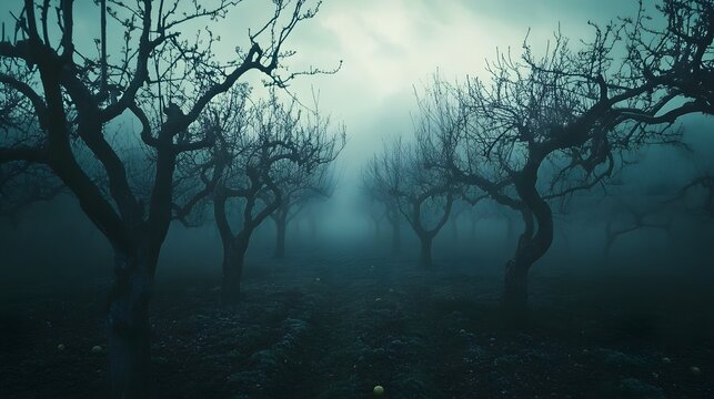 A fog-filled orchard with bare branches, creating an ominous atmosphere.