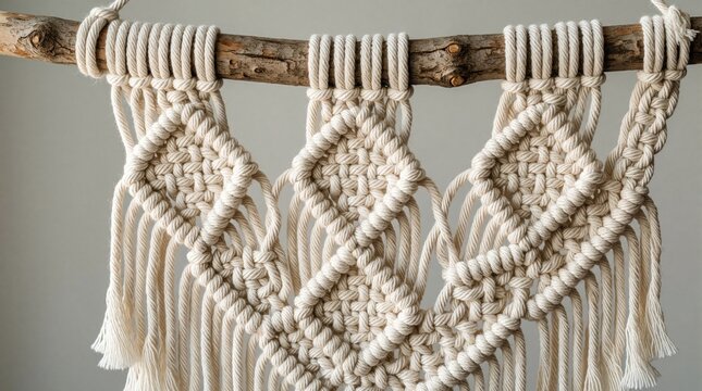 Cream macrame wall hanging with diamond pattern hangs on natural wood branch. Boho textile decor features knotted cotton rope, tassel details. Handmade fiber art piece adds aesthetic touch to modern