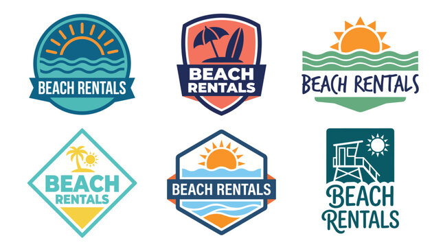 This image displays a series of colorful logos designed for beach rental services, evoking relaxation, sunshine, and coastal fun, great for vacation businesses.