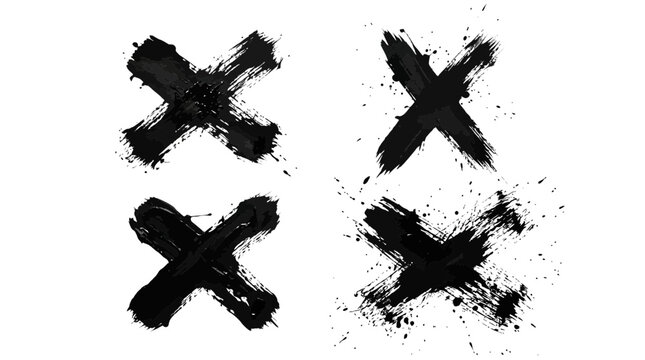 Hand painted black ink cross marks featuring textured brush strokes and chaotic ink splatter artistic effects