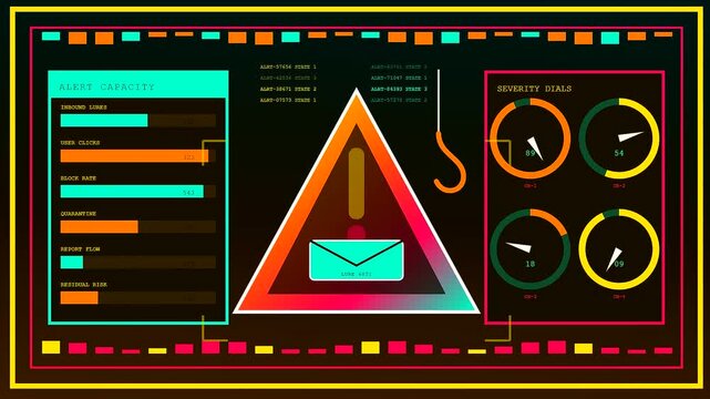 A digital phishing alert interface showing changing numerical data points within a flickering neon control monitor display providing continuous system status updates for secure network monitoring