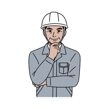 Male supervisor with helmet in gray uniform nodding with understanding