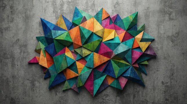Abstract geometric art installation with vibrant multicolored paper triangles on a gray textured concrete wall.