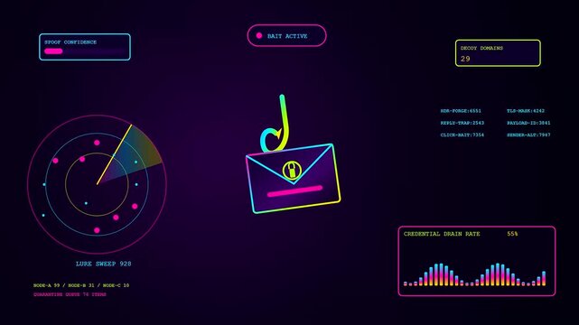 A sophisticated phishing alert system visualizes cyber security risks on a dark digital interface showing complex data patterns radar monitors and glowing neon email icons