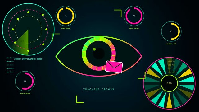 A digital phishing alert display features multiple graphic interface eyes scanning incoming electronic mail messages shown within a dark virtual environment for cyber security monitoring purposes