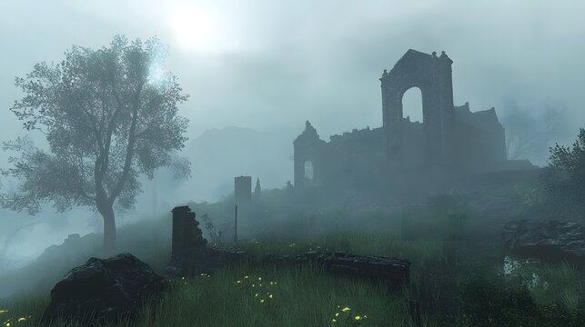 A fog-shrouded hilltop with ruins, where legends of the past linger in the air.