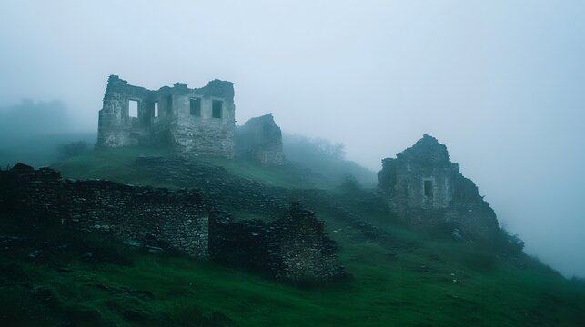 A fog-shrouded hilltop with ruins, where legends of the past linger in the air.