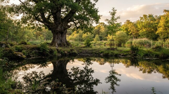 Stunning landscape featuring a large ancient oak tree reflected in a calm pond at sunset.