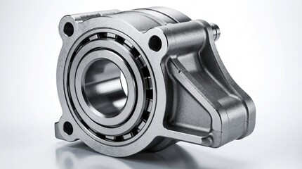 Fototapeta premium Metal bearing housing assembly with roller bearings sits on clean white surface. Precision mechanical component for industry and engineering applications. Strong metal part ready for machine use.