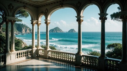 Fototapeta premium Elegant classical balcony with marble columns overlooks ocean panorama. Arches frame sea, islands, rocky shore. Sunny day invites relaxation with grand architecture, natural beauty. Serene escape.