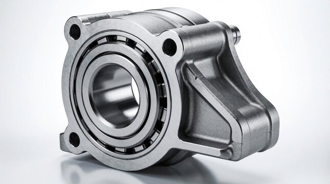 Metal bearing housing assembly with roller bearings sits on clean white surface. Precision mechanical component for industry and engineering applications. Strong metal part ready for machine use.
