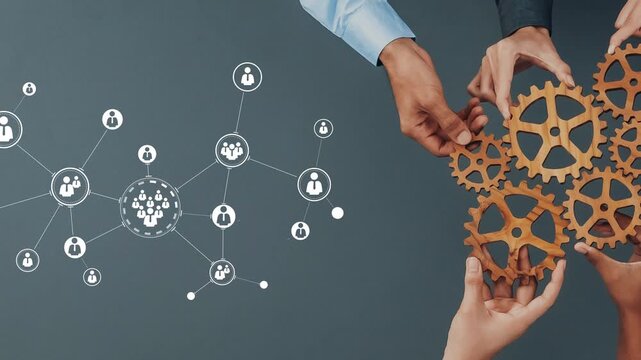 Collaborative teamwork concept showing hands connecting gears and a digital network of people on a grey background representing innovation and partnership Gluon.