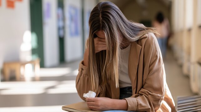 Woman covering face with tissue in hallway, emotional distress, crying, grief support, mental health, compassion, crisis care