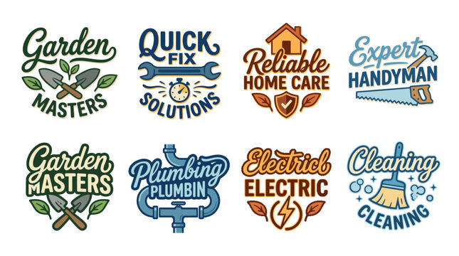 This image showcases eight distinct logos for home service providers including gardening, plumbing, and handyman services, illustrating professionalism and reliability.