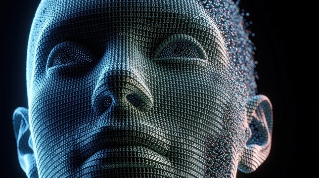 Abstract head formed by binary code dissolving into data particles. Concept of artificial intelligence, digital identity, and information fragmentation in cyber space.