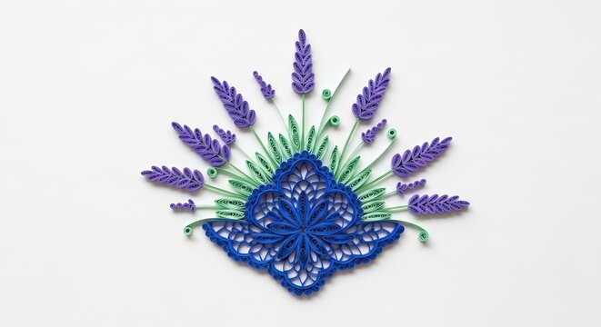 Handcrafted paper quilling featuring delicate lavender stalks and intricate indigo lace patterns with soft silver-green accents on paper, art, still life, composition