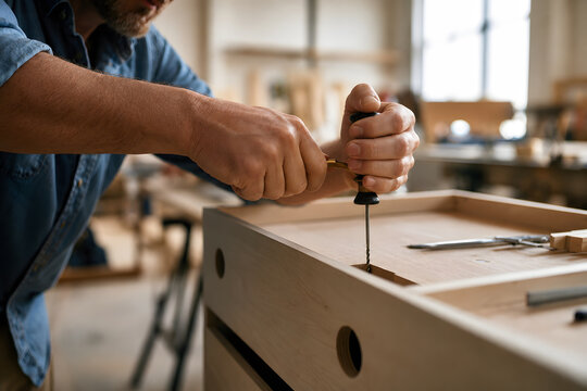Furniture Maker Assembling Wooden Cabinet with Screwdriver in Workshop