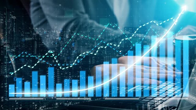 This image illustrates a modern business environment with a digital growth graph overlay, showcasing hands on a laptop, representing data-driven decision-making in finance. Copula
