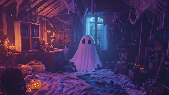 A ghost floating in a haunted house, filled with spooky decorations for Halloween.