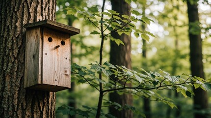 Fototapeta premium Wooden nesting box fixed to forest tree trunk. Nature habitat providing shelter for wildlife fauna, bird house in green woodland environment.