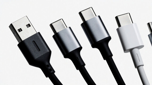 Four varied electronic cables for device charging laid out on white backdrop. Includes USB A and USB C types. Modern tech accessories for power and data transfer needs.