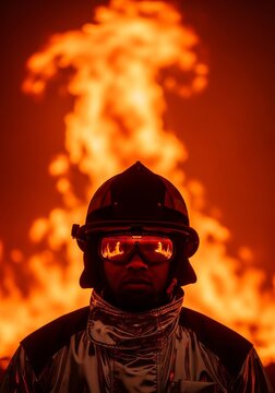 Protective gear reflects an orange glow on dark skin while facing intense wildfire flames during a cinematic and courageous rescue moment, hazard, gear, uniforms
