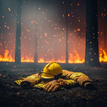 Protective wildland gear and yellow helmet amidst dense smoke and glowing orange embers in a rugged remote mountain forest during a wildfire, helmet, hazard, woods