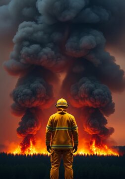 Protective yellow gear and a helmet stand before a massive forest wildfire as thick gray smoke plumes rise above the dark green horizon, climate, woods, horizon