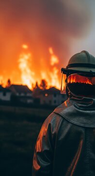 Protective suit and helmet face a raging forest fire near residential houses. Intense orange flames and thick gray smoke fill the horizon, yellow, equipment, ash