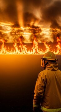 Protective yellow gear and helmet facing a massive wildfire front at golden hour, with thick smoke and glowing orange light rays, environment, flames, response