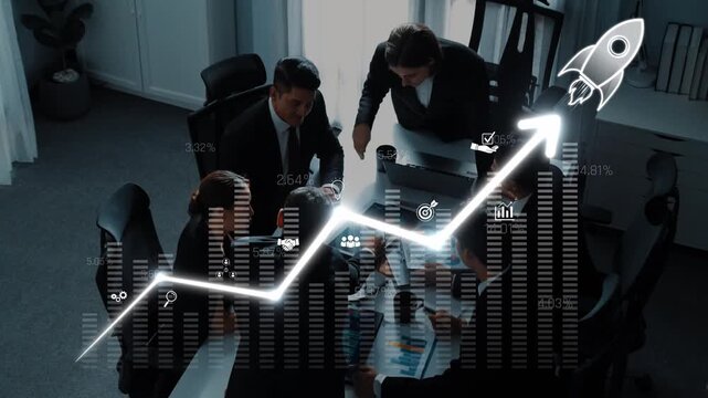 A diverse business team engages in a meeting focused on strategy development, highlighted by a digital growth graph and a rocket symbolizing ambition and progress. Raster