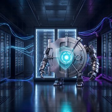 Futuristic robot shaped like a bank vault guarding a data center, glowing shield hologram representing cybersecurity and secure server network concept.