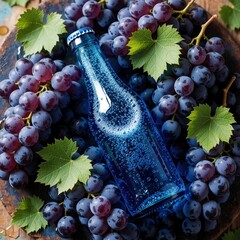 Fototapeta premium Blue glass bottle of sparkling drink rests on ripe purple grapes, green leaves. Fresh fruit, bubbles, rustic surface create refreshing still life. Ideal for summer refreshment, healthy lifestyle