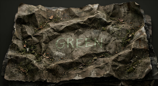 
Aged and Crumpled Green Paper with Vintage Grunge Texture and the Word Green
