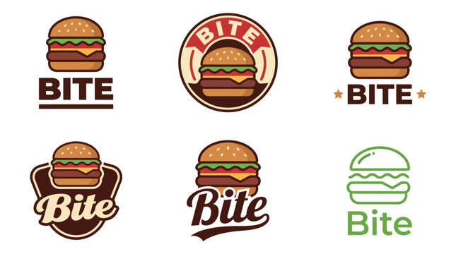 This collection displays innovative logo designs for 'Bite', focusing on the burger theme and appealing to food lovers with a fun and modern aesthetic.