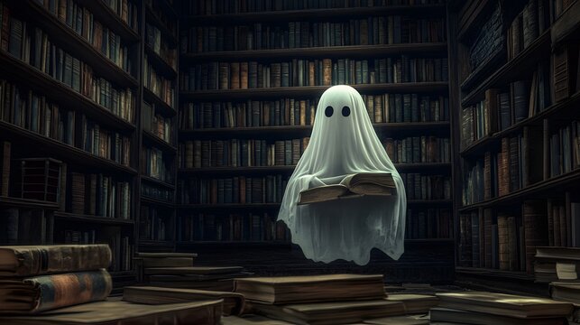 A ghost with a friendly smile floating in a haunted library, surrounded by dusty books.