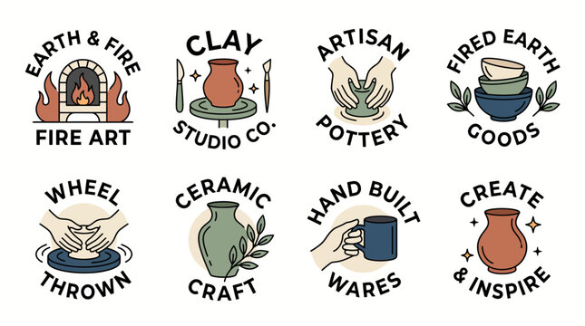 A collection of distinct ceramic art studio logos highlighting various artistic elements like pottery, hand-built wares, and the crafting process in a visually appealing manner.