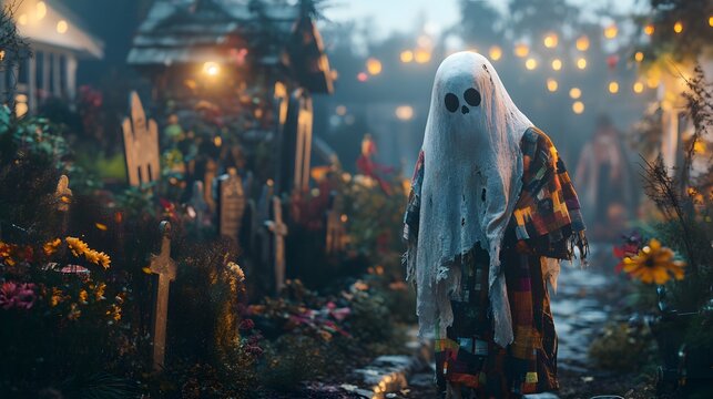 A ghost with a patchwork costume, floating through a graveyard decorated for Halloween.