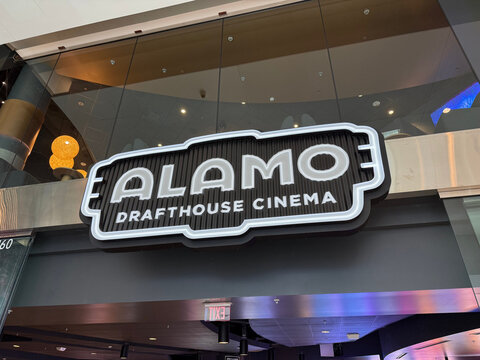 Alamo Drafthouse Cinema entrance sign viewed from below - San Jose, California, USA - August 19, 2026
