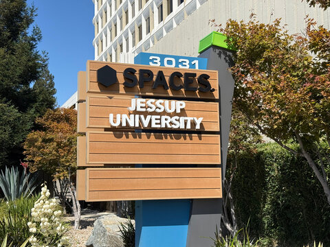 Spaces and Jessup University signage at 3031 beside a landscaped office building - San Jose, California, USA - August 19, 2026