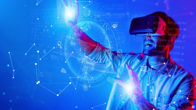A young man fully engaged in virtual reality experiences, wearing a headset and interacting with holographic images, showcasing the excitement of digital adventures. Raster