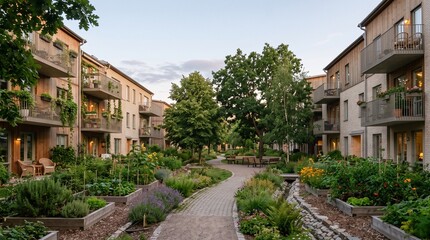 Fototapeta premium Sustainable neighborhood integrating green corridors, rain gardens, and community landscaping for climate resilience, urban planning, ESG communication, and environmental campaigns.