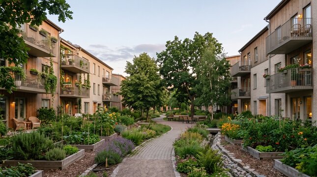 Sustainable neighborhood integrating green corridors, rain gardens, and community landscaping for climate resilience, urban planning, ESG communication, and environmental campaigns.