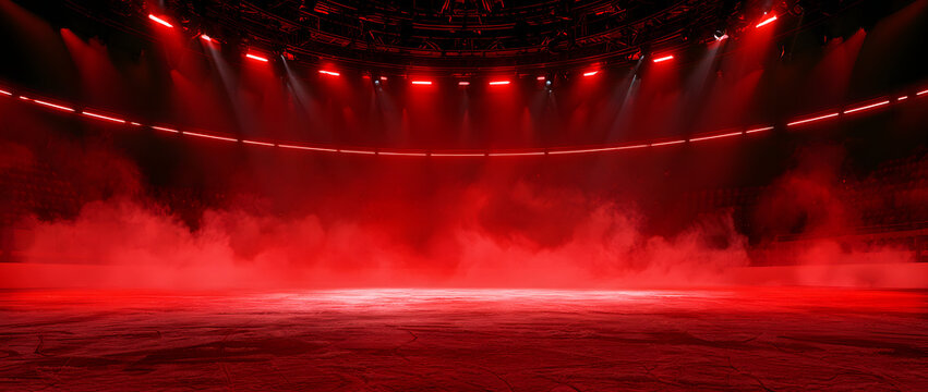 The backdrop for the red ice rink is decorated with neon red lights, spotlights, and smoke. Ideal for ice skating scenes, stadium visuals, or stock backgrounds